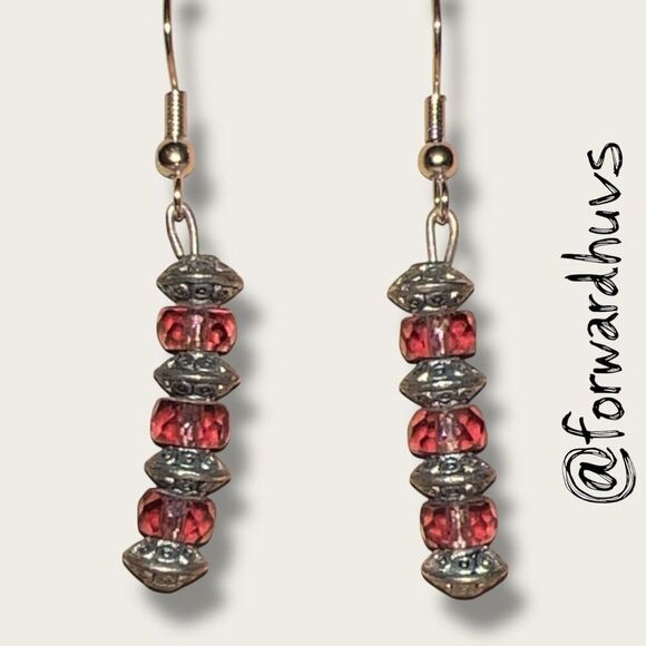 Bundle Sale 3 for $15 | Red & Silver Beaded Dangle Earrings - Picture 1 of 7